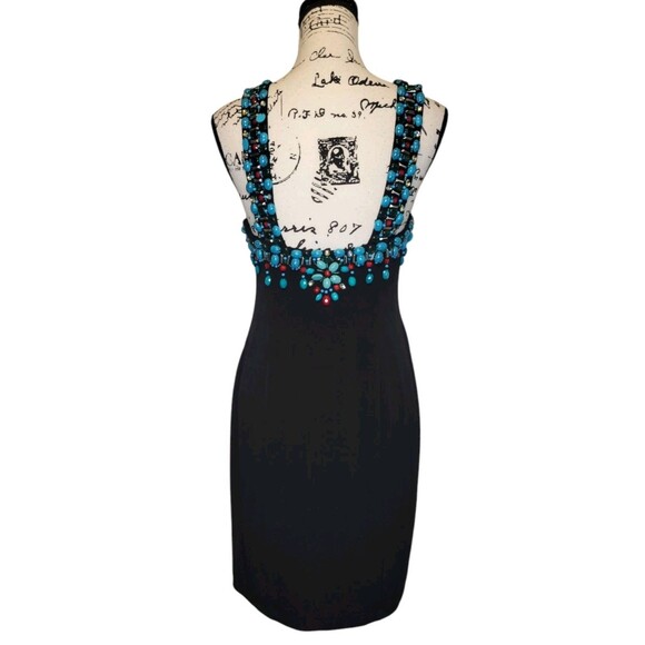 Boston Proper Muse Beaded Bodycon Mini Dress Sz 6 Black Turquoise Sexy Cocktail - Picture 3 of 5